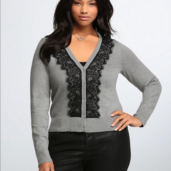 torrid Sweaters - Torrid Classic Gray Cardigan w/ Black Lace Overlay